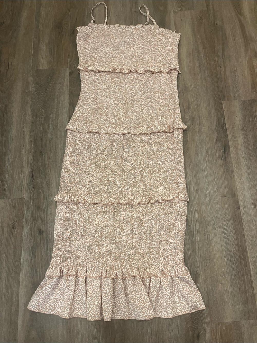 Smocked Tiered Ruffle Midi Dress in Blush Cheetah Print